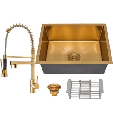 Imagem de Kit Cuba Cozinha Gourmet Quadrada C/ Torneira Spray Dourada - Holtter 