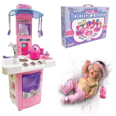 Imagem de Kit Boneca Reborn Menina Olhos Azuis + Cozinha e Jantarzinho - Big Sta