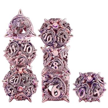 Imagem de AUSTOR 7 Pieces DND Dice Set Metal Dragon Hollow Polyhedral Dice D20 D12 D10 D% D8 D6 D4 with Metal Box for Dungeons & Dragons RPG Board Games (Violet & Gold)