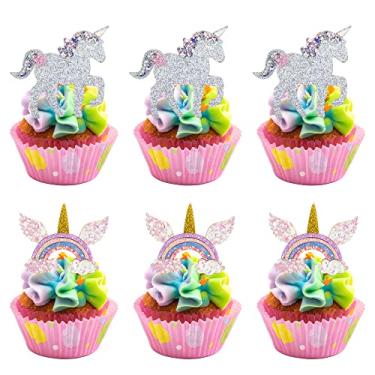 Imagem de Gyufise 10 peças unicórnio arco-íris cupcake toppers unicórnio arco-íris topo de bolo decorações para arco-íris unicórnio meninos menina chá de bebê suprimentos de festa de aniversário