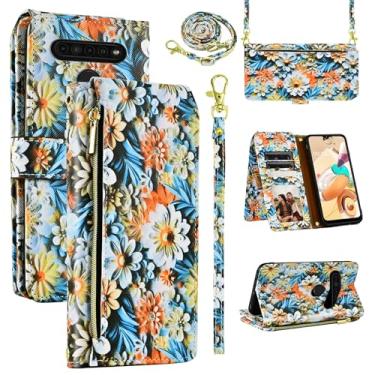 Imagem de Dswteny Capa carteira para LG K61/Q61/K51S/K41S com alça de ombro destacável, 9 compartimentos para cartões, bolsa com zíper, suporte de couro floral para celular K 61 51S 41S 41S feminino masculino