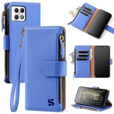 Imagem de Shieldtop Capa carteira compatível com T-Mobile REVVL 7 5G com suporte para cartão, capa flip de couro PU com bloqueio de RFID, alça de pulso com zíper, compartimentos para cartão de crédito, capa de