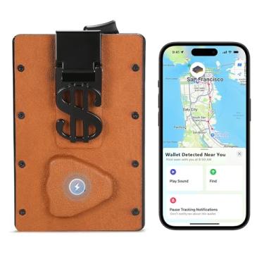 Imagem de Carteira masculina inteligente com rastreador funciona para Find My(iOS)- antiperda [lembrete deixado para trás] Estojo para cartão pop-up fino em clipe de dinheiro de couro, Marrom claro, Minimalista