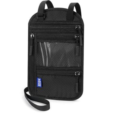 Imagem de OUTUO Porta-passaporte para família de viagem: carteira de pescoço bolsa de passaporte organizador de documentos de viagem Porta Pasaporte Suporte de passaporte múltiplo bloqueio RFID, Preto, 5.9in x