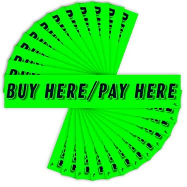 Imagem de Versa-Tags Adesivo de 36,8 cm, preto e verde-limão, adesivo para revendedor de carro com slogan - Compre aqui/pague aqui