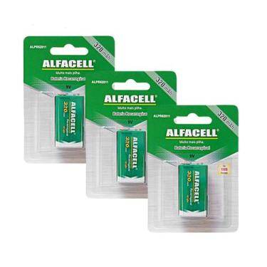 Imagem de Kit 3 Baterias 9V Recarregavel Pilha Retangular 320 Mah - ALFACELL