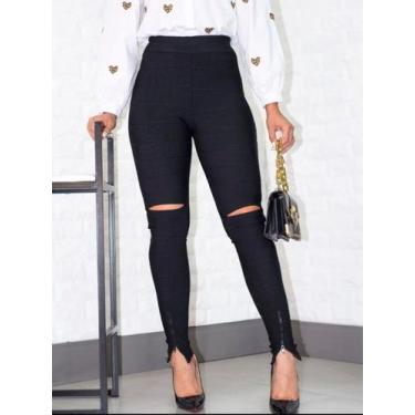 Imagem de calça legging bandagem cintura alta, rasgada no joelho e com zíper na 