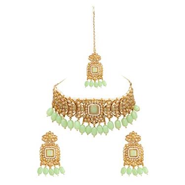 Imagem de Bodha Gargantilha de pérolas Kundan banhada a prata tradicional indiana conjunto de joias com Tikka e brincos para mulheres, Latão, Sem Pedra Preciosa