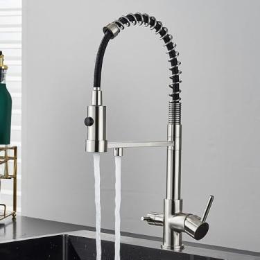 Imagem de Torneira de cozinha para água potável, torneira preta para pia de cozinha, torneira de cozinha de latão com filtro, torneira giratória de 360°, misturador de pia, modo duplo, níquel escovado