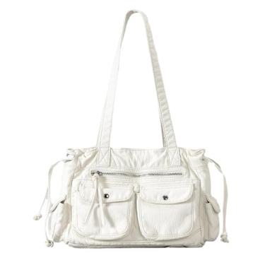Imagem de NIGEDU Bolsa de ombro feminina moderna de couro sintético com cordão para motocicleta, bolsa de mão com vários bolsos de grande capacidade (branca)
