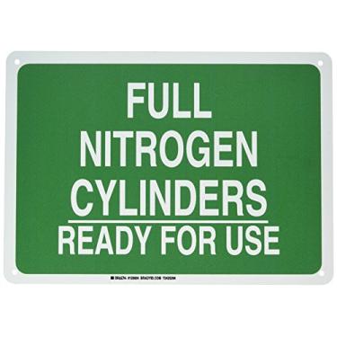 Imagem de Brady 125694 Placa química e de perigo, legenda "Cilindros de nitrogênio completos prontos para uso", 25,4 cm de altura, 35,5 cm de largura, branco sobre verde