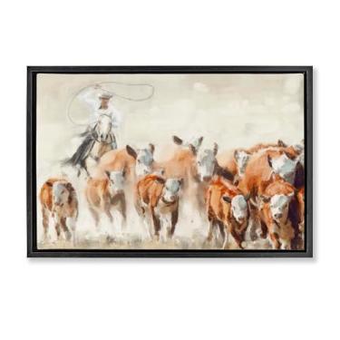 Imagem de Stupell Industries Tela flutuante emoldurada Cowboy Cattle Roundup Design de arte de parede por Nina Blue, moldura flutuante preta, 63 x 43 cm