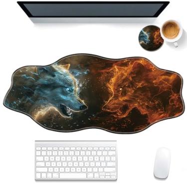 Imagem de DHEEBFWE Tapete de mouse grande para jogos, 90 x 40 cm, bordas onduladas irregulares, GG com base de borracha antiderrapante, tapete de teclado e mouse, bloco de escrita, fogo com lobo de gelo