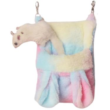 Imagem de Saco de rede para furão de veludo grosso, arco-íris, para cama suspensa para rato, porquinho-da-índia, esquilo e outros animais pequenos (colorido-rosa)