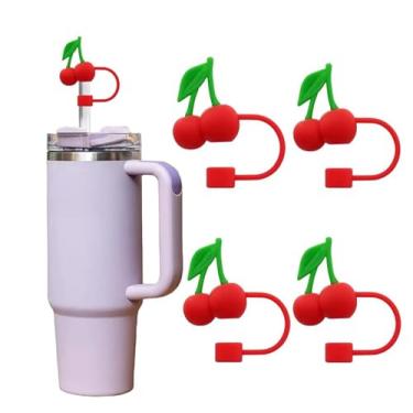 Imagem de Pacote com 4 capas de canudo de silicone Red Cherries para tampas de palha de 10 mm para acessórios de copos Stanley, tampa fofa para tampas de tampa de canudos reutilizáveis (tampa de frutas)