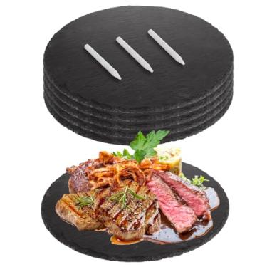 Imagem de LOPYXBR 6 peças tábua redonda de ardósia para queijo, azulejo de ardósia, 20 cm, placa de charcutaria, pedra de ardósia, placa de sushi, quadro negro com giz de pedra-sabão, para festa, presente