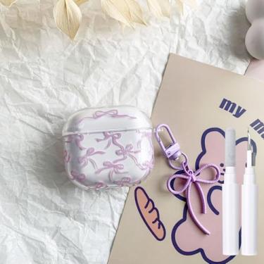 Imagem de inewateri Compatível com AirPods 4ª capa com kit de limpeza, estampa de laço macio e fofo, design moderno, laço, estética, à prova de choque, chaveiro para fones de ouvido para AirPods 4, roxo