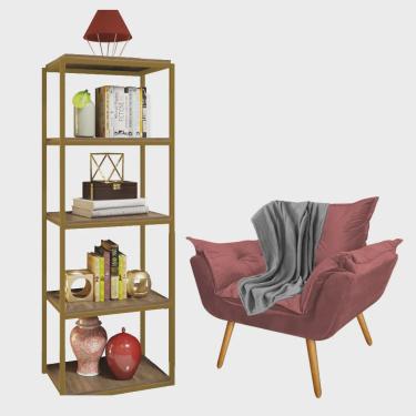 Imagem de Kit Poltrona Fatte com Manta Soft Cinza e Estante Livreiro Ferro Dourado mdf Imbuia Suede Rose Gold - Ahazzo Móveis