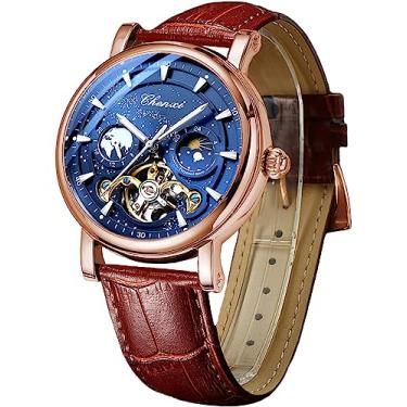 Imagem de FORSINING Relógio masculino luminoso céu estrelado com turbilhão da fase da lua, relógios modernos automáticos mecânicos, relógio de pulso com cinto de couro com caixa de aço inoxidável, Ouro rosa,