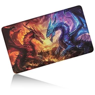 Imagem de Dikoer for MTG Playmat 24 x 14 Inches, Card Playmat Stitched with Magic Zones Commander Deck Gaming Desk Mat Card Gameplay Pad for MTG TCG Trading Card Inked Game - Red Blue Dragon