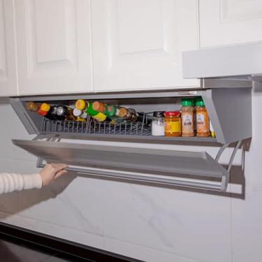 Imagem de Organizador de cozinha organizador de temperos, rack dobrável suspenso sob o armário com porta, prateleira de baixo resistente, prateleira flutuante montada na parede para cima do fogão (cor: metálico