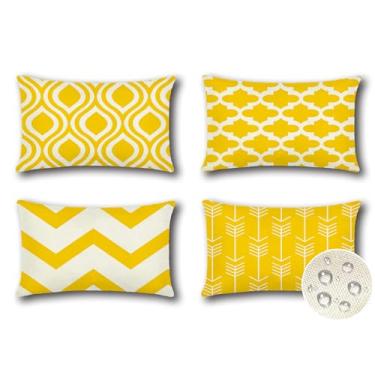 Imagem de OTOSTAR Pacote com 4 capas de almofada impermeáveis para ambientes externos, 40,6 x 61 cm, capas de almofada decorativas para ambientes externos, modernas, amarelas, geométricas, para pátio, móveis