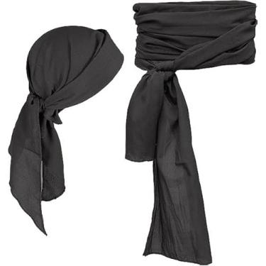 Imagem de JIEFULL Acessórios de fantasia de pirata – Cachecol de cabeça de pirata para mulheres e homens, chapéu bandana e cinto de cintura para cosplay de Halloween, Preto, tamanho �nico