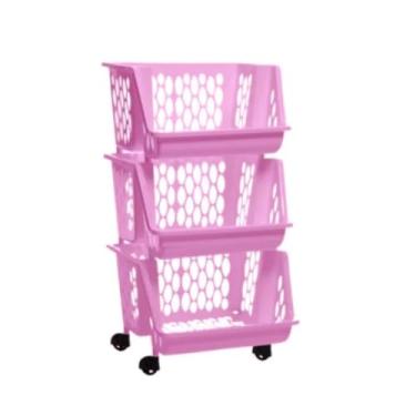 Imagem de Cesto Organizador Multiuso Plástico 2, 3 ou 4 andares Empilhável Expositor c Rodinhas Diversas Cores(triplo rosa)