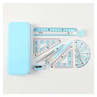 Imagem de Kit de geometria de bússolas de esboço, kit de ferramentas de matemática de 8 peças com bússolas, transferidor, borracha, apontador triângulo, caixa de armazenamento de régua de 15 cm, kit de