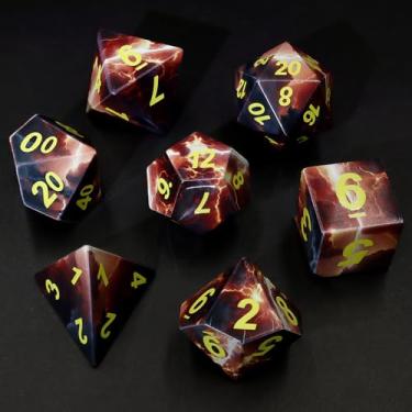 Imagem de 28mm Large Polyhedral Dice Set – Fire & Thunder Theme, Bold Yellow Numbers, Perfect for Tabletop RPGs, Roleplaying Games & Strategy Board Games