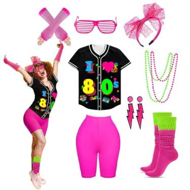 Imagem de Conjunto de acessórios femininos dos anos 80 anos 80, camisa de jérsei de beisebol, shorts neon, meias folgadas, faixa de cabeça, Beisebol - anos 80 - rosa, Small