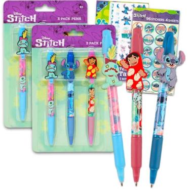 Imagem de Disney Conjunto de canetas Lilo e Stitch – Pacote com 6 canetas Lilo e Stitch com clipe e adesivos e tatuagens para crianças, material escolar, acessórios de mesa para meninos e meninas