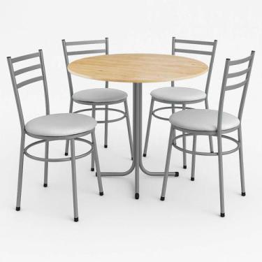Imagem de Mesa de Jantar Redonda 80cm Pinus Com 4 Cadeiras Estofada Cinza - Lama