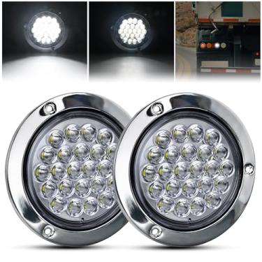 Imagem de GOOACC Luz traseira redonda de 10 cm, 2 peças, branco, 24 LEDs, com moldura cromada de aço inoxidável, à prova d'água, luz reversa, luz traseira para caminhão, trailer, caminhão, barco, trator, 2 anos