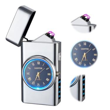 Imagem de TIKIUKI Isqueiro de arco recarregável à prova de vento com chama dupla, luz LED, mostrador frio, carregamento USB – perfeito para acampamento, caminhada, churrasco e uso diário (prateado)