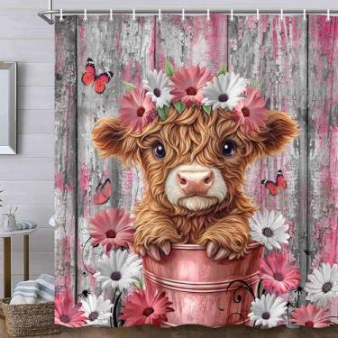 Imagem de Cortina de chuveiro engraçada de vaca highland margarida, porta de celeiro de madeira rústica, conjunto de cortina de chuveiro de animais de fazenda ocidental cortina de banho moderna gado touro
