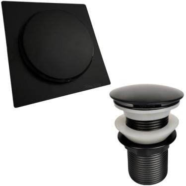 Imagem de Dona D Cor, Kit Ralo Click 15x15 cm e Válvula Click 1 1/4 Aço Inox Preto Fosco Ralo Pia Inteligente Vedação Antiodor