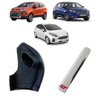 Imagem de Capa Couro Legitimo Câmbio Automático E Manual Com Filete Cromado Alavanca Freio De Mão Compatível Com Ka Eco sport New Fiesta (CÂMBIO AUTOMÁTICO)