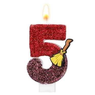 Imagem de Vela de Aniversário com Tema Bruxo Mágico, Vela com Glitter e Lantejoulas Tema Vassoura Mágica Topo de Bolo Inspirado em Bruxo para Decoração Festa Aniversário Infantil (Número 5)