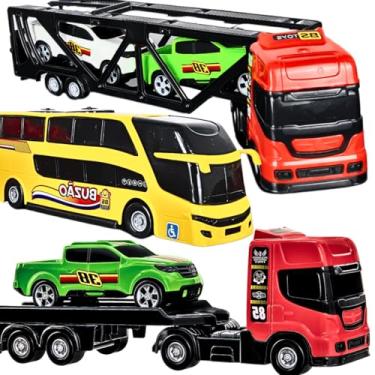 Imagem de Kit 6 Peças Caminhão Cegonha Reboque Ônibus Carrinhos Meninos