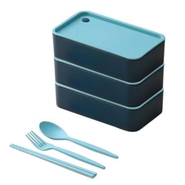 Imagem de Marmita Bento Box 3 Andares e 2 Divisórias com Hashi e Talheres, 18x10x15cm, Colorida, Plástico Hermético, Estilo Japonês, Organizador de comida, Recipiente para almoço, Lanche (Azul)