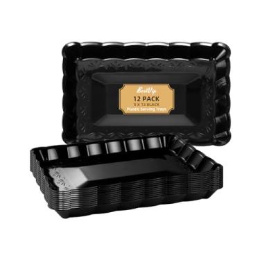 Imagem de BESTVIP Bandejas de plástico preto – flor retangular 22 x 33 cm – Travessas com bordas para eventos, casamentos, refeições diárias, festas, lanches, artesanato e alimentação para animais de estimação