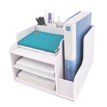 Imagem de SONGWAY Organizador de arquivos de mesa e acessórios – Organizador de papel de 3 camadas com suportes de pasta de arquivo horizontal e vertical, bandeja de papel para cartas, organizadores de mesa e