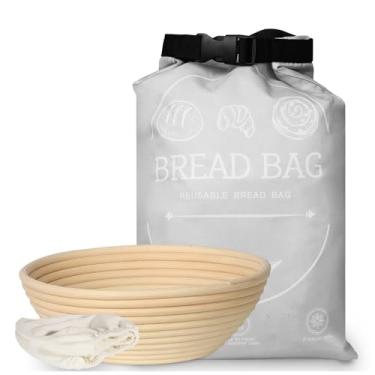 Imagem de Cesta de pão à prova de fermento com sacos reutilizáveis, cesta de 9 polegadas Banneton à prova de pão, à prova de banneton de pão, cestas artesanais para fazer massa fermentada, cestas de vime