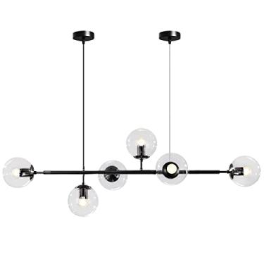 Imagem de BOKT Luminária pendente de globo de vidro transparente de 6 luzes de meados do século moderno retangular Sputnik lustre vintage preto linear ilha de cozinha pingente de jantar luminária