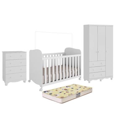 Imagem de Dormitório Infantil Júnior 3 Portas, Cômoda e Berço Uli com Colchão Supreme - Móveis Peroba