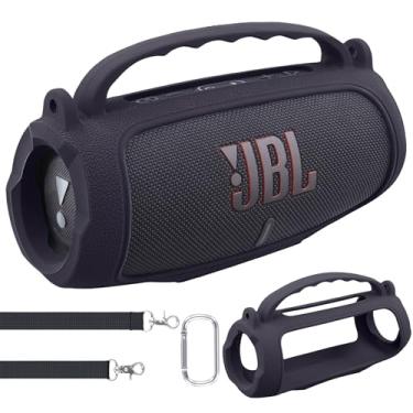 Imagem de co2CREA Capa de silicone para alto-falante Bluetooth JBL Charge 5 portátil, impermeável, capa macia de viagem com alça de ombro, capa protetora para pele (preto)