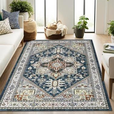 Imagem de Garvee Tapete vintage Boho lavável macio de 1,5 x 1,8 m, tapete antiderrapante resistente a manchas, estampa floral, grande tapete macio, não cai para quarto, sala de estar, sala de jantar (azul