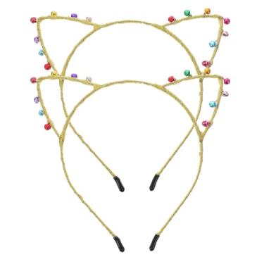 Imagem de 2 peças de cabeça de orelhas de gato de Natal com sinos, faixa de cabeça de sino de Natal, faixa de cabelo de animal, enfeite de cabelo, lembrancinhas de festa de Natal, douradas