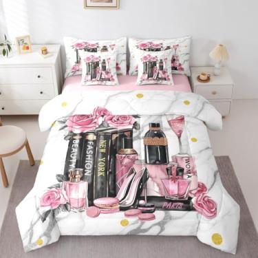 Imagem de Erosebridal Conjunto de edredom moderno, preto, rosa, com lençol king size, floral, perfume, meninas, mulheres, moderno, para livros, champanhe, maquiagem romântica, conjunto de cama de 7 peças